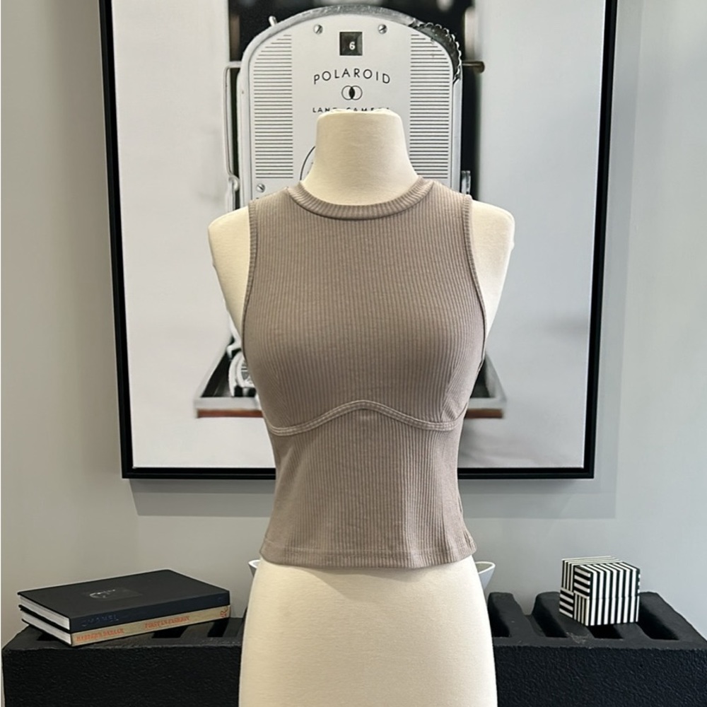 BRAND NEW! Taupe Ribbed Sleeveless Top, Under-Bust Bonded Look Detail, Small